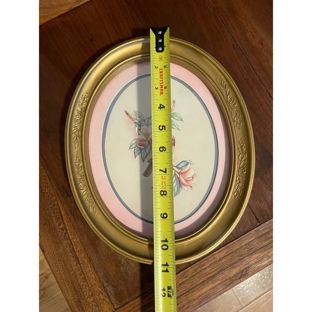 Vintage Oval Bird Floral Wall Art Gold Ornate Frame Pink Blue Mat Cottagecore